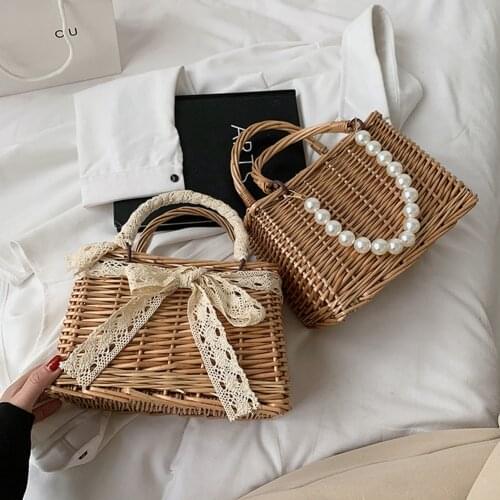 Vacation Women Rattan Woven Handbag Pearl Tote Lunch Bags Casual Ladies Basket Summer Women Girls Small Beach Handbag