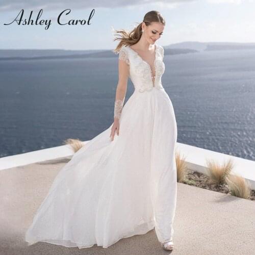 Ashley Carol Long Sleeve Wedding Dress 2021 Elegant V-neckline Shining Beading Backless A-Line Bride Dresses Vestido De Noiva