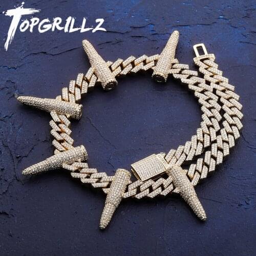 TOPGRILLZ New 14 mm Rivet Bullet-shaped Cuban Chain Necklace Full AAA + CZ Stones Chain Hip Hop Jewelry Punk Style Necklace