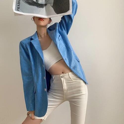 Spring Autumn High-quality Fashion Loose Blue Women Faux Leather Blazers Korean Single-breasted Long Sleeves Female Suit Jacket