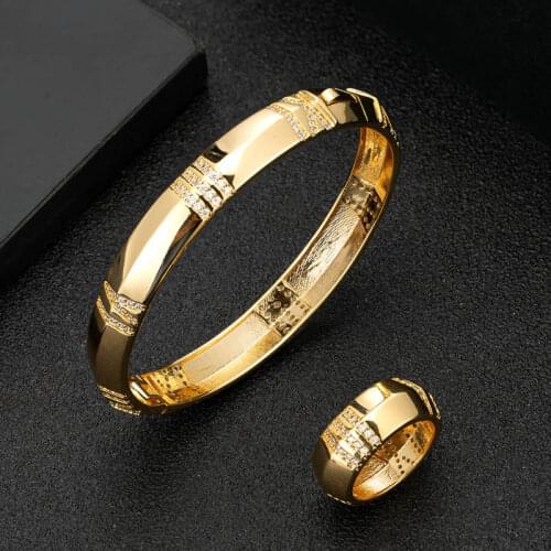 Zlxgirl jewelry Classic Dubai Gold Bangle and Ring of women wedding jewelry set brand zirconia cooper bracelet bangle couple