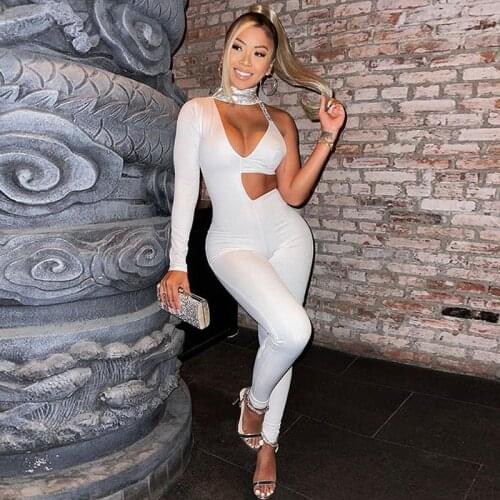 Sexy Cut Out Bodycon Jumpsuit One Sleeve Birthday Outfits for Women Overalls Night Party One Piece Club Romper Macacao Feminino