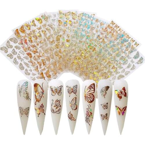 8 Sheets Butterfly Nail Stickers 3D Butterfly Nail Art Stickers Colorful DIY Golden Nail Transfer Decals Foils Wraps Decorations