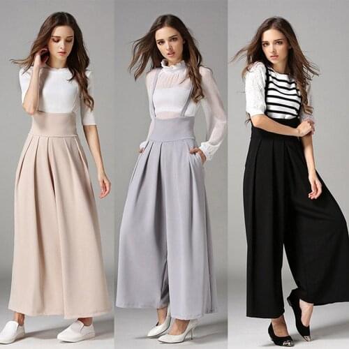 1pc Pants Women Casual Pleated High Waisted Wide Leg Palazzo Pants Suspenders Ladies high waist wide leg suspenders trousers c50