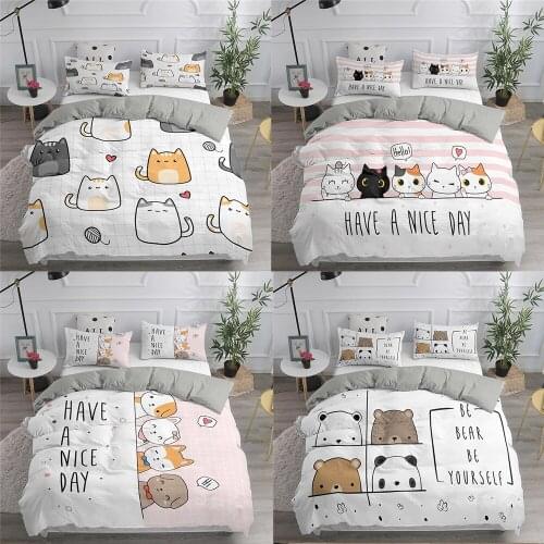 Cartoon Cat Pattern 3D Kids Bedding Set White Duvet Cover Queen King Size with Pillowcase Unisex Comforter Cover Home Textiles