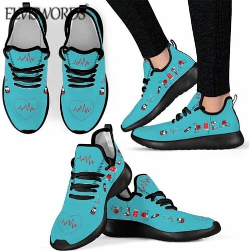 ELVISWORDS Cute Nurse Hearts Print Women Shoes White Knitting Sneakers Shoe 2021 Soft Walking Nursing Vulcanize Shoes For Ladies