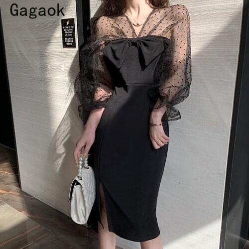 Gagaok Woman Dress 2021 Spring Autumn New Solid Sheath Puff Sleeve V-Neck Mini Dresses Korean Sexy Bodycon Fashion Vestidos