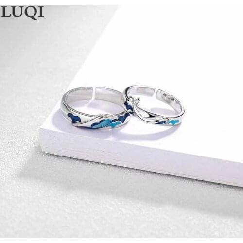 Fashion Mens and Womens S925 Silver Plated Platinum Blue Epoxy Ocean Whale Personality Couple Open Rings J184