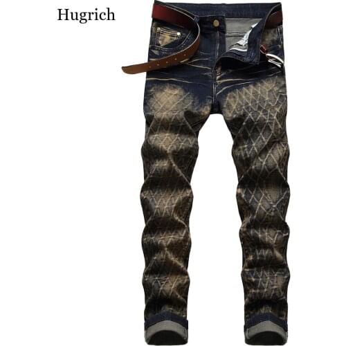 Mens Vintage Slim Straight Retro Stretch Denim Jeans Color Pants Trousers Crinkle Plaid Stretch Tube Fashion Denim Pants