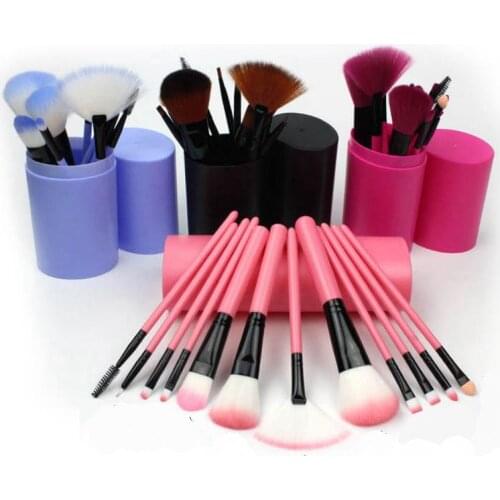 4 colors soft synthetic hair brushes makeup brush kits plastic handle 12pcs cosmetic brushes set with plastic barrel