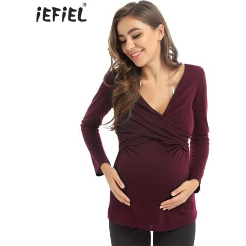 Maternity Women Solid Wraps Deep V Neck Long Sleeves Pullover Baby Bump Tee Blouse Breastfeeding Pregnancy Basic Blouse Top