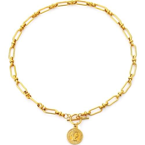 Coin Necklace Stainless Steel Toggle Necklace For Women Metal Medalla Kette Choker Collier Womens Neck Chain