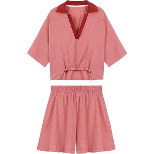 PERHAPS U Pink V Neck Flare Drawstring Short Sleeve Wide Leg Shorts Elastic Waist Women Casual Two-piece Set T0083