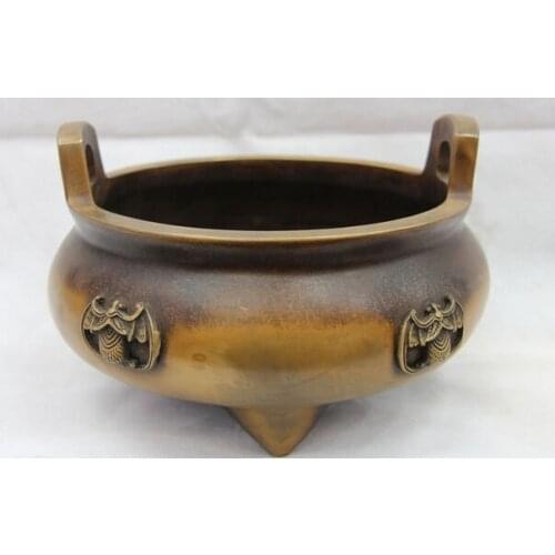 Song voge gem S1378 Chinese Folk Pure Bronze Copper Temple Bat Two Ears Ding Incense Burner Censer