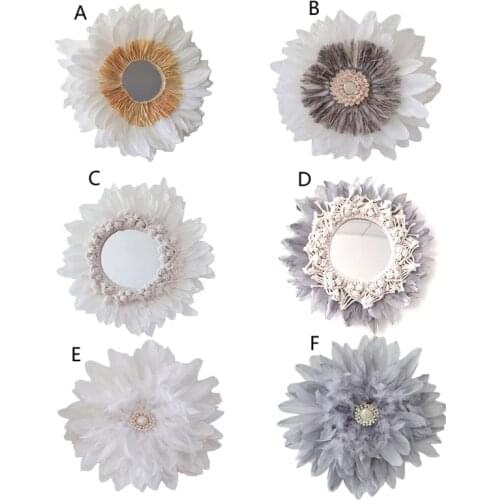 Hanging Wall Mirror with Feather Fringe Round Nordic Boho Ornament for Apartment Living Room Bedroom Baby Nursery