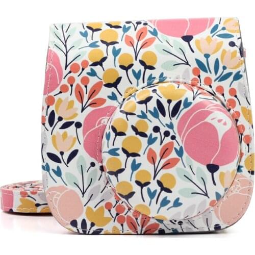 Roadfisher Flower PU Leather Photo Camera Bag Insert Case Sheath Cover Pouch Belt Strap For Fuji Polaroid Instax Mini8 Mini 9