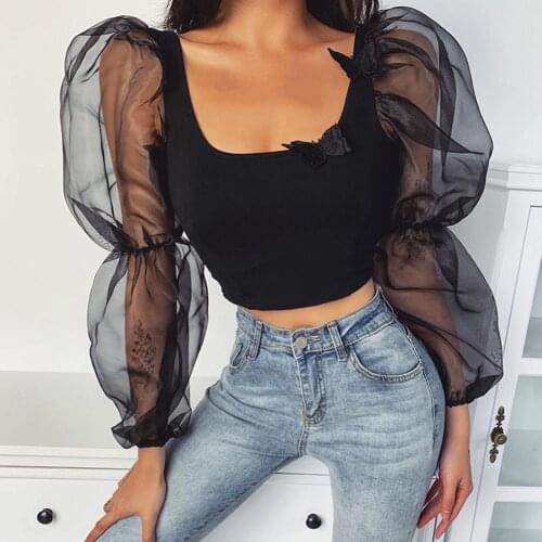 Sexy Women See Through Tulle Long Puff Sleeve Butterfly U Neck Crop Top Blouse