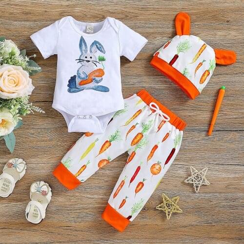 Infant Baby Cartoon Outfit Summer Clothing Set Rabbit Short Sleeve Bodysuit Pants Hat 3PCS Sets Newborn Clothing For Boys Girls