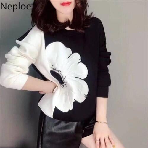 Neploe O Neck Thick Warm Hoodies Contrast Color Patchwork Flower Pattern Sweatshirt Autumn Winter Long Sleeve Pullover Top 94202