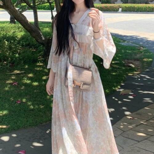 Vintage Midi Dress Women Floral Printing Chiffon Elegant Fairy Dresses 2021 Autumn Korean One-piece Dress Female Evening Party