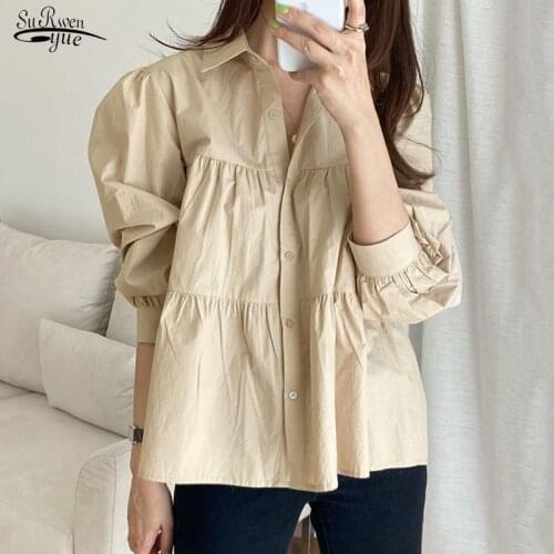 Vintage French Lapel Pleated Stitching Blouse Puff Sleeve Office Lady White Tops Blusas Korean Loose Casual Womens Shirt 15722