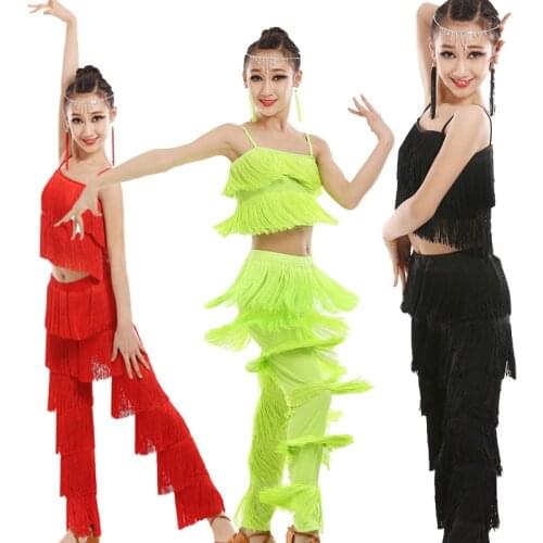 1 Set Girl Latin Dance Dresses Ballroom Fringe Tassel Dress Pants Kids Sequin Fringe Salsa Samba Stage Competition Dance Costum