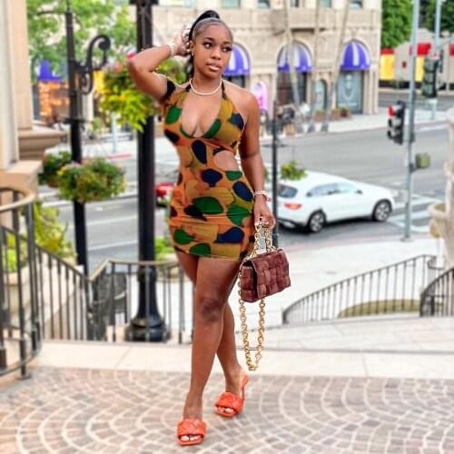 Aesthetic Printed Streetwear Y2K Sheath Dress Women Sexy Halter Neck Backless Party Club Dress Summer Asymmetrical Wrap Dresses