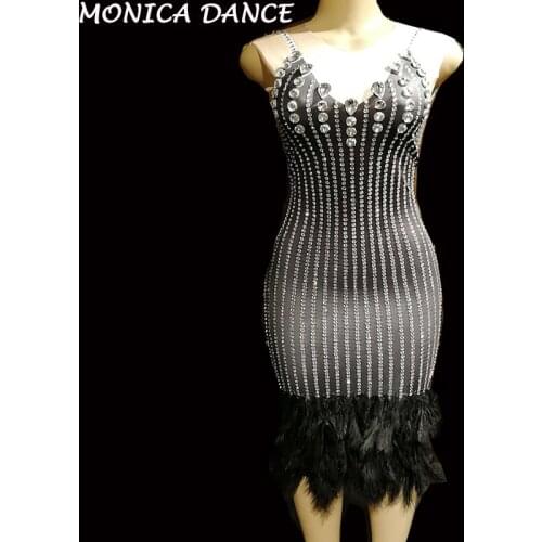 Women Sexy Stage Black Feather Dress Sparkling Crystals Nightclub Birthday Party Stage Wear Dancer Singer Bling Dance Costumes