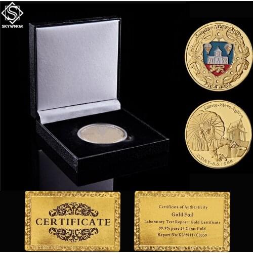 1944 WW II France The Parachute Soldier Military Gold Challenge Commemorative Coin W/ Luxury Box Decoration