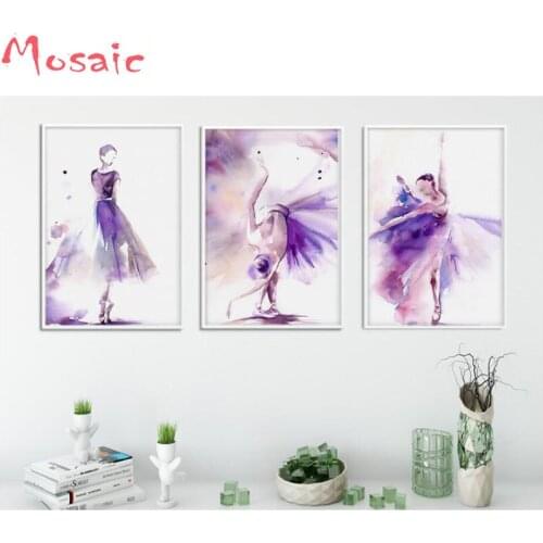 Mosaic diamond 3 Pieces Watercolor Purple Beautiful Dancer square diamond painting Modern decor 5d diy Diamond embroidery sale