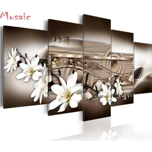 5D DIY Diamond Painting cross stitch Orchid Diamond Embroidery mosaic 5 pcs Magnolia Flower Full Square Rhinestones Home Decor