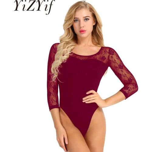 YiZYiF Adult Ballet Leotard Sheer Mesh 3/4 Sleeve Gymnastics Leotards for Women Ballet Dance Built In Shelf Bra Stretch Camisole