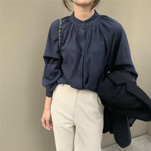 Blouse Single Button Elegant Short Shirt Lantern Sleeve Folds Tops Women Spring Vintage Long Sleeve Stand Collar