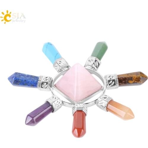 CSJA 7 Chakra Jewelry Energy Power Natural Stone Meditation Crystal Pyramid Hexagonal Prism for Men Women Yoga Healing F342