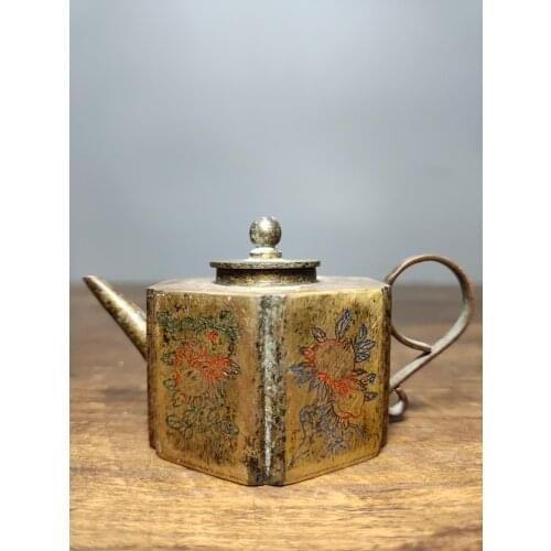 Home Decor 4"Nepal Buddhism Old Bronze Hand-carved Painted Fushou Shuangquan Study room decorations Hexagon kettle teapot