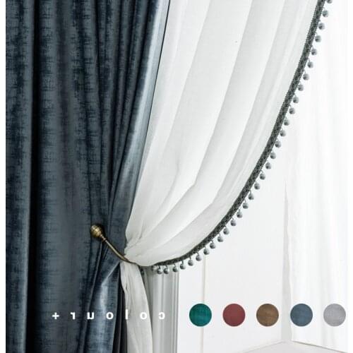 Retro Blue Modern Light Luxury for Living Room Bedroom Study American Nordic Velvet Pure Color Jacquard Flannel Curtains Custom