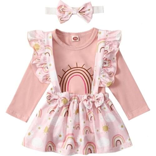 2021 0-24M Cute Infant Girl Clothes Set Ruffle Shoulder Rainbow Print Long Sleeve T-shirt+Ruffle Straps Skirt+Headband Fall 3pcs