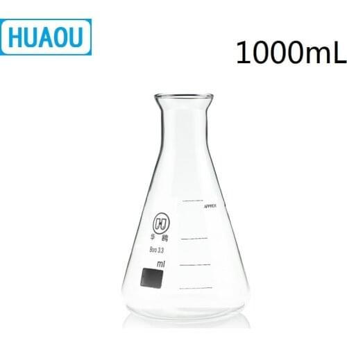 HUAOU 1000mL Erlenmeyer Flask 1L Open Horn Bell Mouth Narrow Neck Borosilicate 3.3 Glass Conical Triangle with Graduaition
