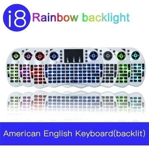 I8 English Rainbow Backlit 2.4G Mini Wireless Keyboard with TouchPad Mouse for Google Android TV Box, Mini PC, Laptop AZERTY