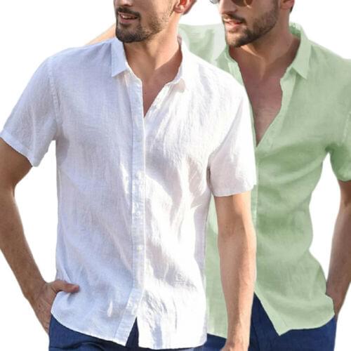 2019 Fashion Mens Short Sleeve White Shirt Summer Cool Loose Casual Turn-down Collar Shirts Tops Solid Soft Blouse hot