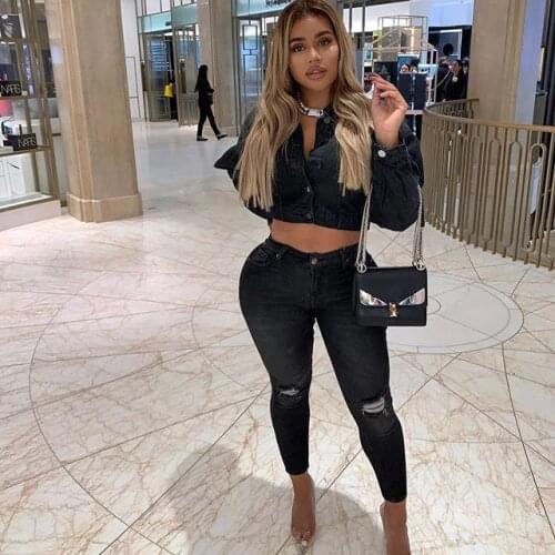 Fashion Jeans Suit Women Denim Two Pieces Sets Long Sleeve Loose Short Jackets Top+ Skinny Pencil Pants Plus Size S-3XL Femme