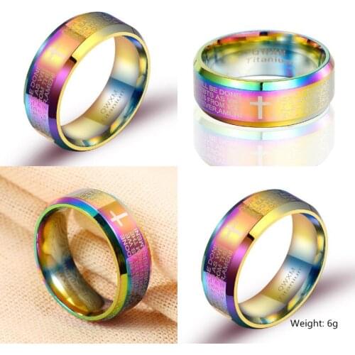 Yingwu 5pcs/lot Engraved Bible Cross Ring for Men Rainbow Stainless Steel Stylish Prayer Male Jewelry Size 17-21mm
