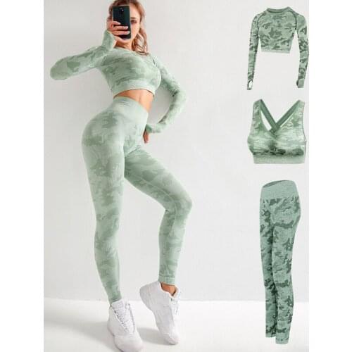 Newest Seamless Camouflage Suit Women Autumn And Winter High Elasticity Slim Fitness Yoga Three Piece Suit