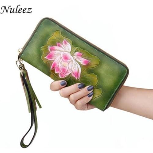 Nuleez Genuine Leather Cowhide Wallet Women Real Leather Chinese Style Hand Carve Man Drawing Artful Unique Purse for Women 2021