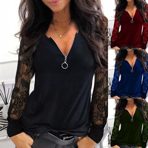 Office Lady Blouse Women Sexy Lace Mesh Stitching V-neck Zipper Long Sleeve Tops Elegant Blouses Sexy Vintage Womens Shirt
