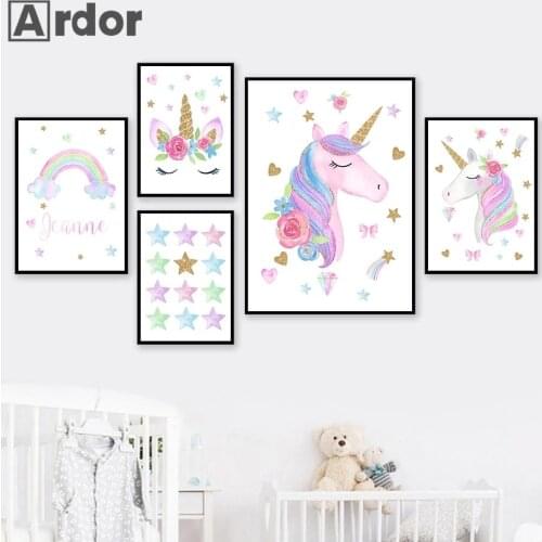 Personalized Baby Name Custom Rainbow Wall Art Canvas Painting Unicorn Star Poster Print Nordic Picture Nursery Kids Room Decor