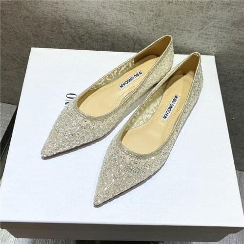 Casual Designer fashion women shoes gold lace glitter point toe flats fairy bridal wedding shoes