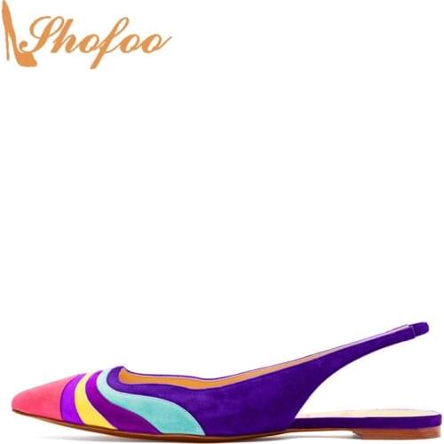 Multicolored Slingbacks Flats Open Back Blue Purple Pink Ladies Ladies Evening Party Shoes Woman Pointed Toe Size 14 16 Shofoo