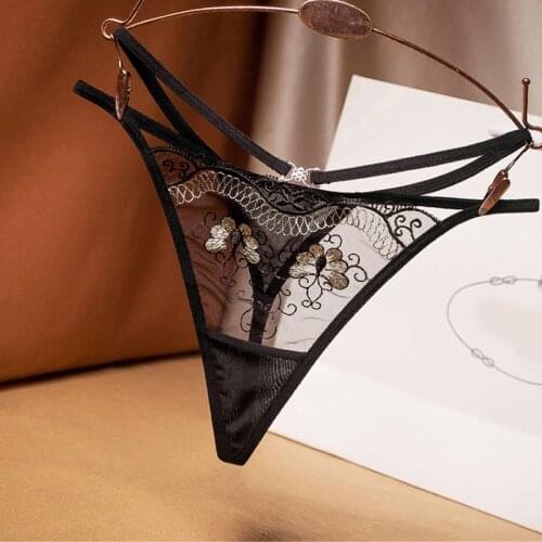 Sexy hot womens underwear gauze embroidery breathable hollow diamond decorated thong cross belt temptation low waist G-String