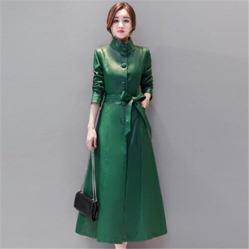 Trench Coat Women Green 2019 New Autumn Winter Plus Size Loose Moto Leather Windbreaker Red Black Fashion Chic Slim Coats CX926